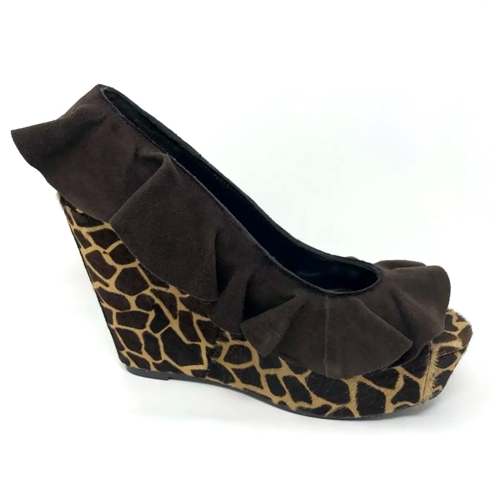 David Isaac Womens Wedge Heels Animal Print Ruffle Fur Size 8 M